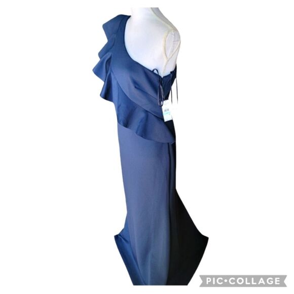 JESSICA HOWARD Womens Gown 8 Navy Ruffled Zippered Scuba Sleeveless One Shoulder - Picture 3 of 12